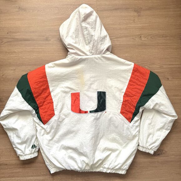 Vintage 90s Miami Hurricanes Majestic White Size XL Qtr Zip Hooded Puffer Jacket - Picture 2 of 9